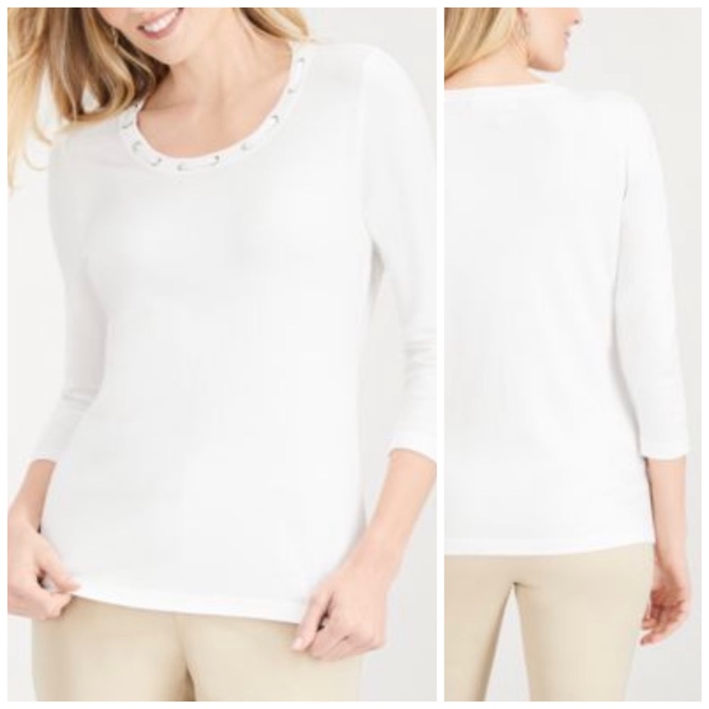 White Embellished Crewneck Sweater Petite Size Medium